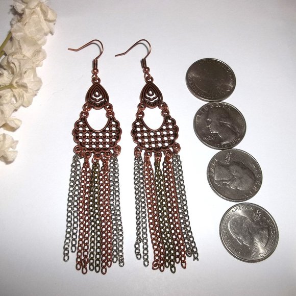 Mixed Metal Chandelier Earrings Chain Copper Silver Bronze Dangle Drop Set C221 - Picture 2 of 5